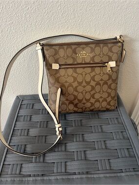 Coach Brown Signature Crossbody with Cream Trim and Gold Hardware